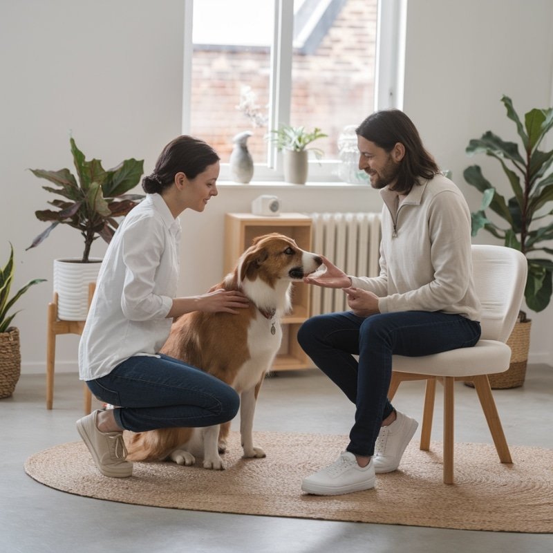 Cabinet moderne de naturopathie animalière avec un naturopathe en consultation, dans un espace épuré agrémenté d'éléments naturels et d'un animal paisible.