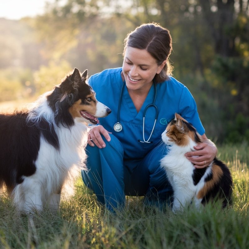Naturopathe animalier en pleine nature, entouré d'un chien et d'un chat, interagissant avec des plantes médicinales, symbolisant bien-être et harmonie.