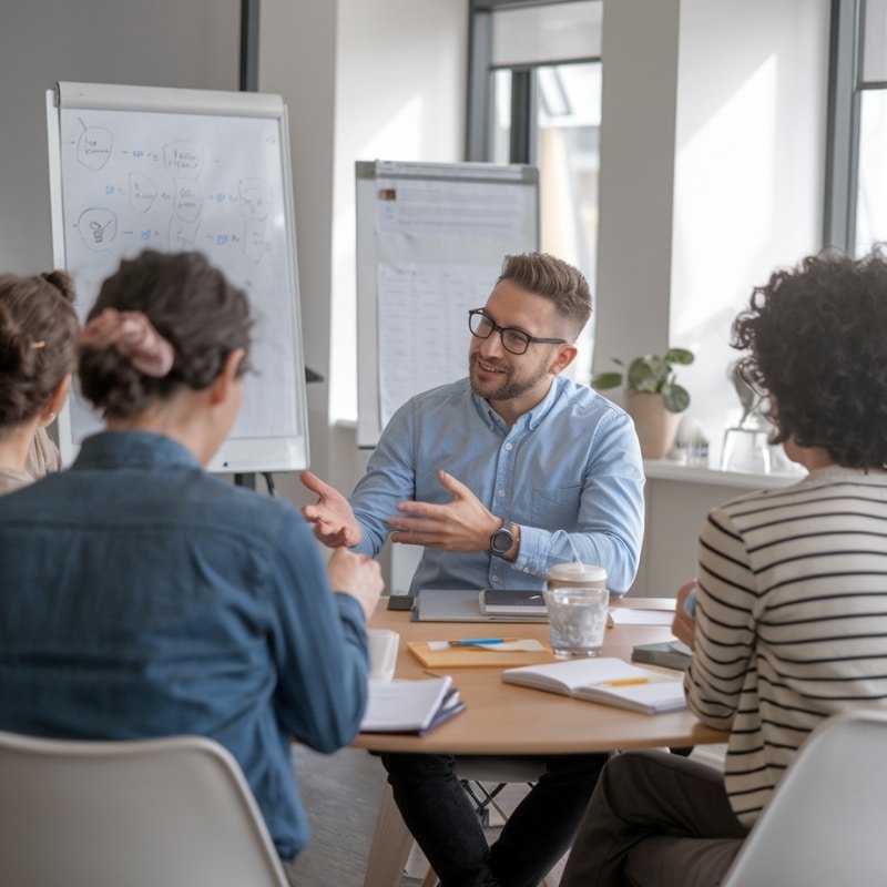 Session de formation en psychopratique dans une salle moderne, avec un formateur et des participants attentifs