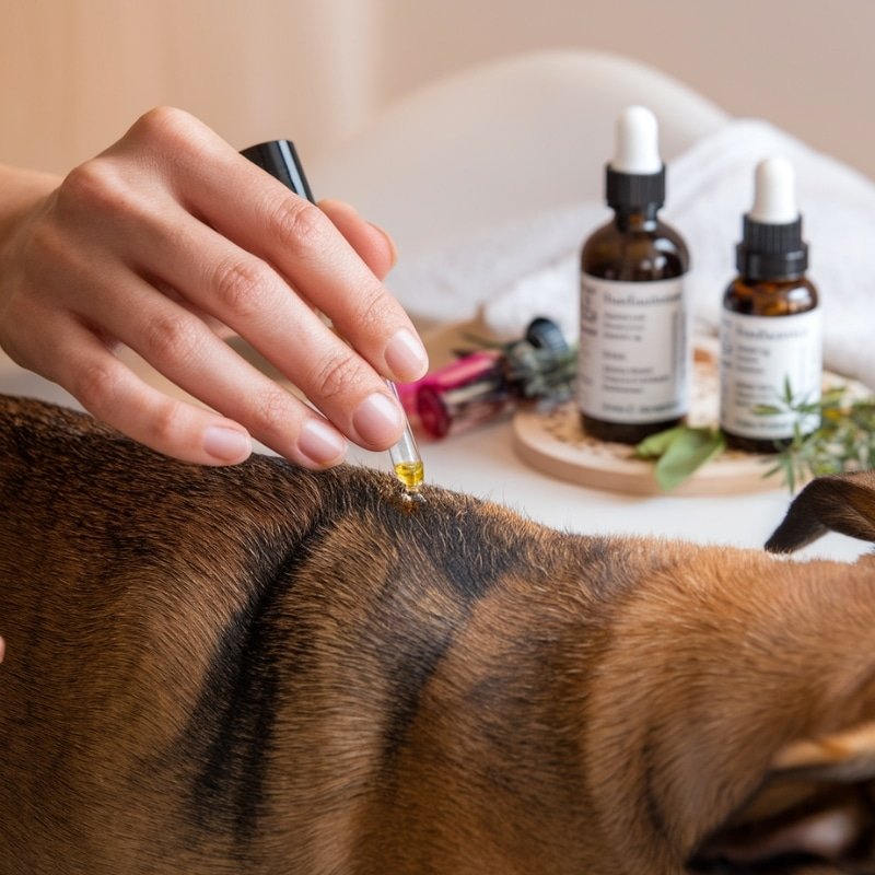 Main appliquant délicatement une huile essentielle sur le dos d'un chien, entourée de flacons de remèdes naturels et d'herbes fraîches, illustrant douceur et précision